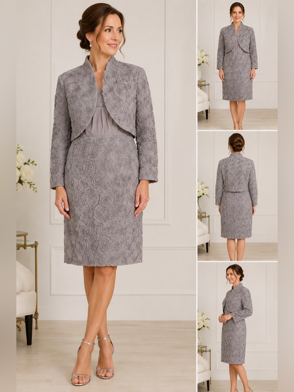Adrianna Papell Rosette Textured Dress & Jacket Set Size 12 Elegant Occasion